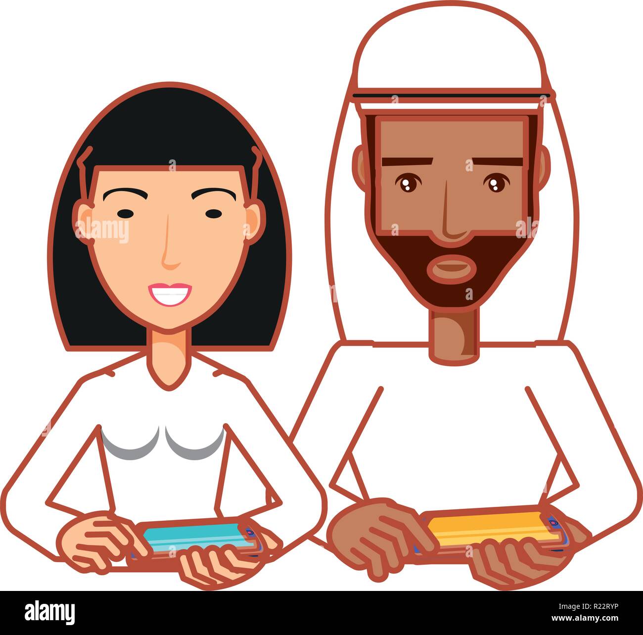 young couple with smartphones devices vector illustration design Stock ...