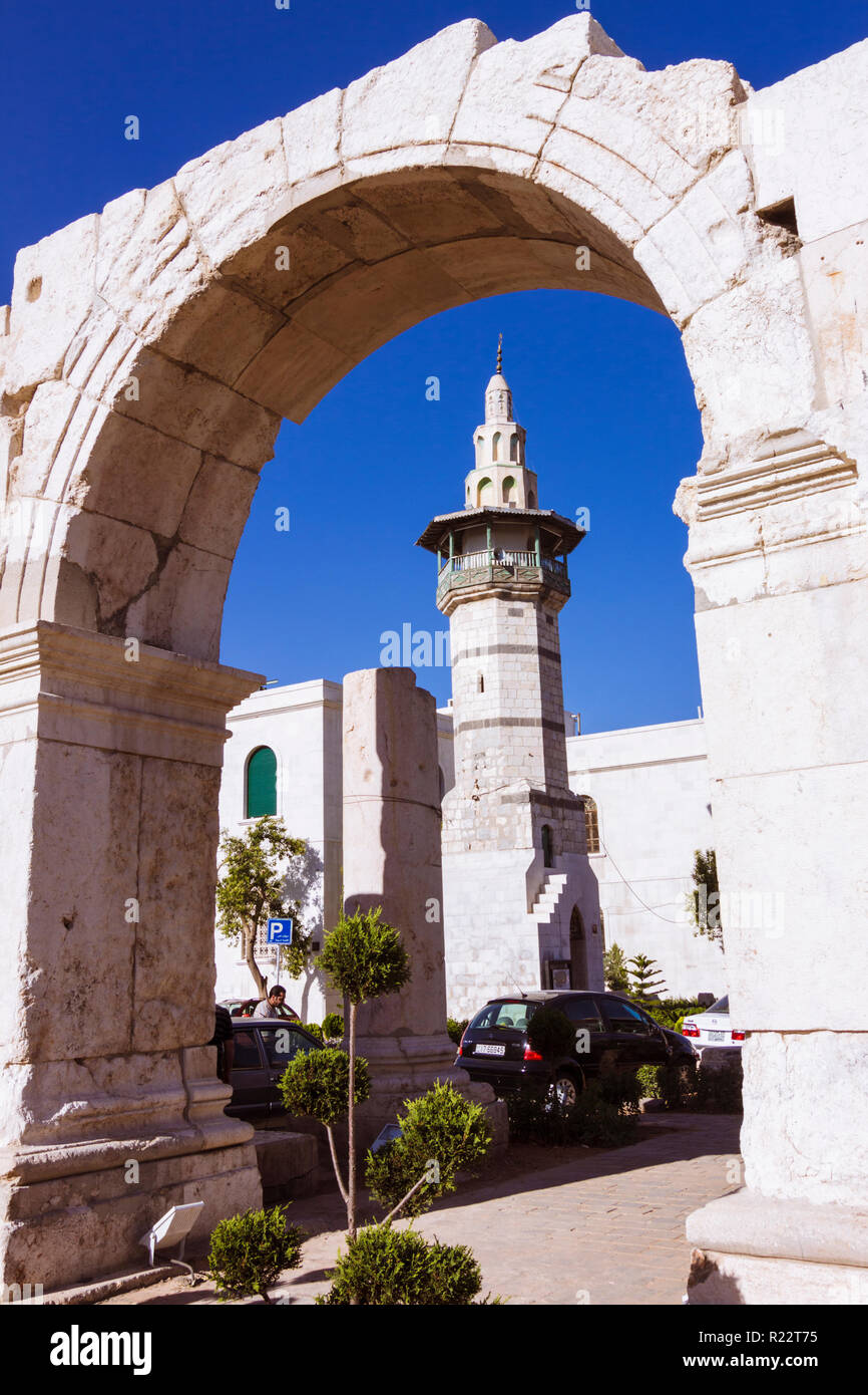 Damascus, Syria Roman triumphal arch and minaret at one end of the