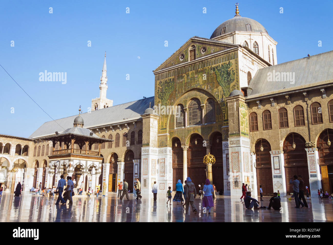 Damascus, Syria : Courtyard of the Umayyad Great Mosque of Damascus one of the largest and oldest in the world. Incidental people in background. Stock Photo