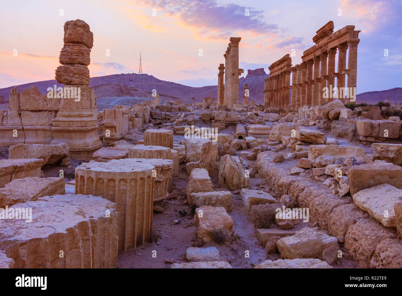 Palmyra, Homs Governorate, Syria - May 26th, 2009 : Great Colonnade of Palmyra at sunset. Built  during the second and third century CE, it stretched  Stock Photo