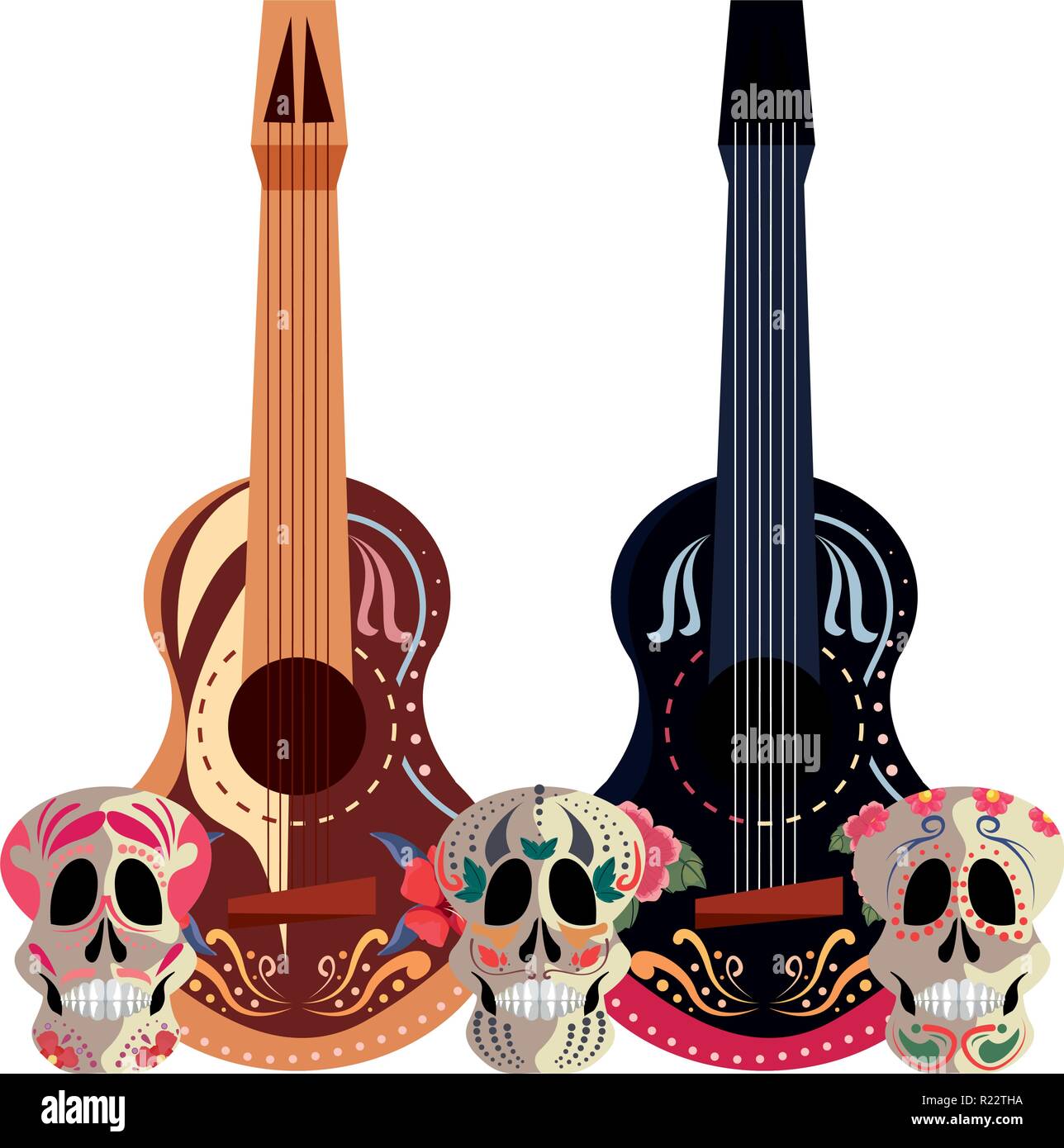 mexican guitars flowers day of the dead vector illustration Stock