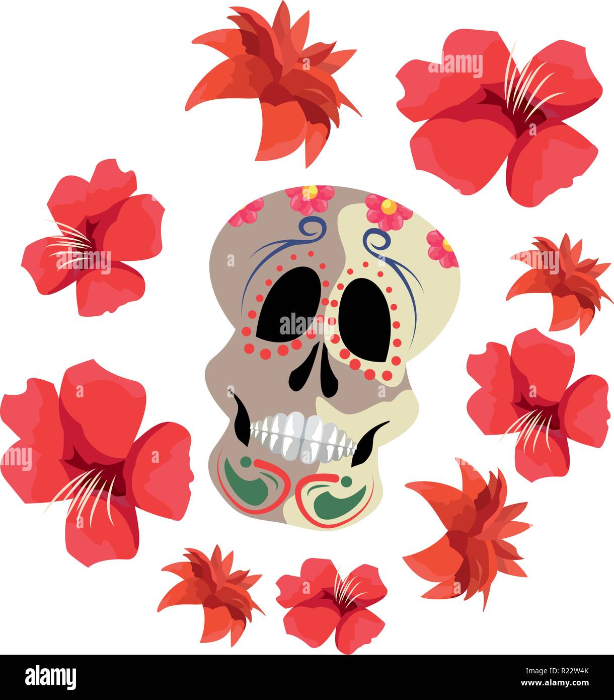 skull and flowers decoration day of the dead vector illustration Stock ...