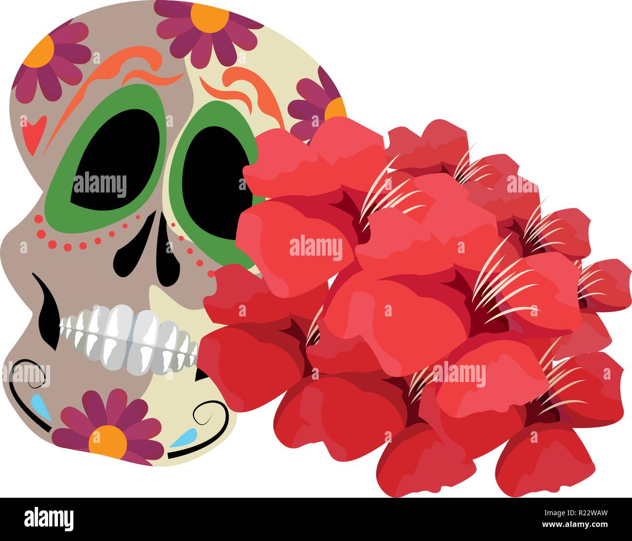 skull and flowers decoration day of the dead vector illustration Stock ...