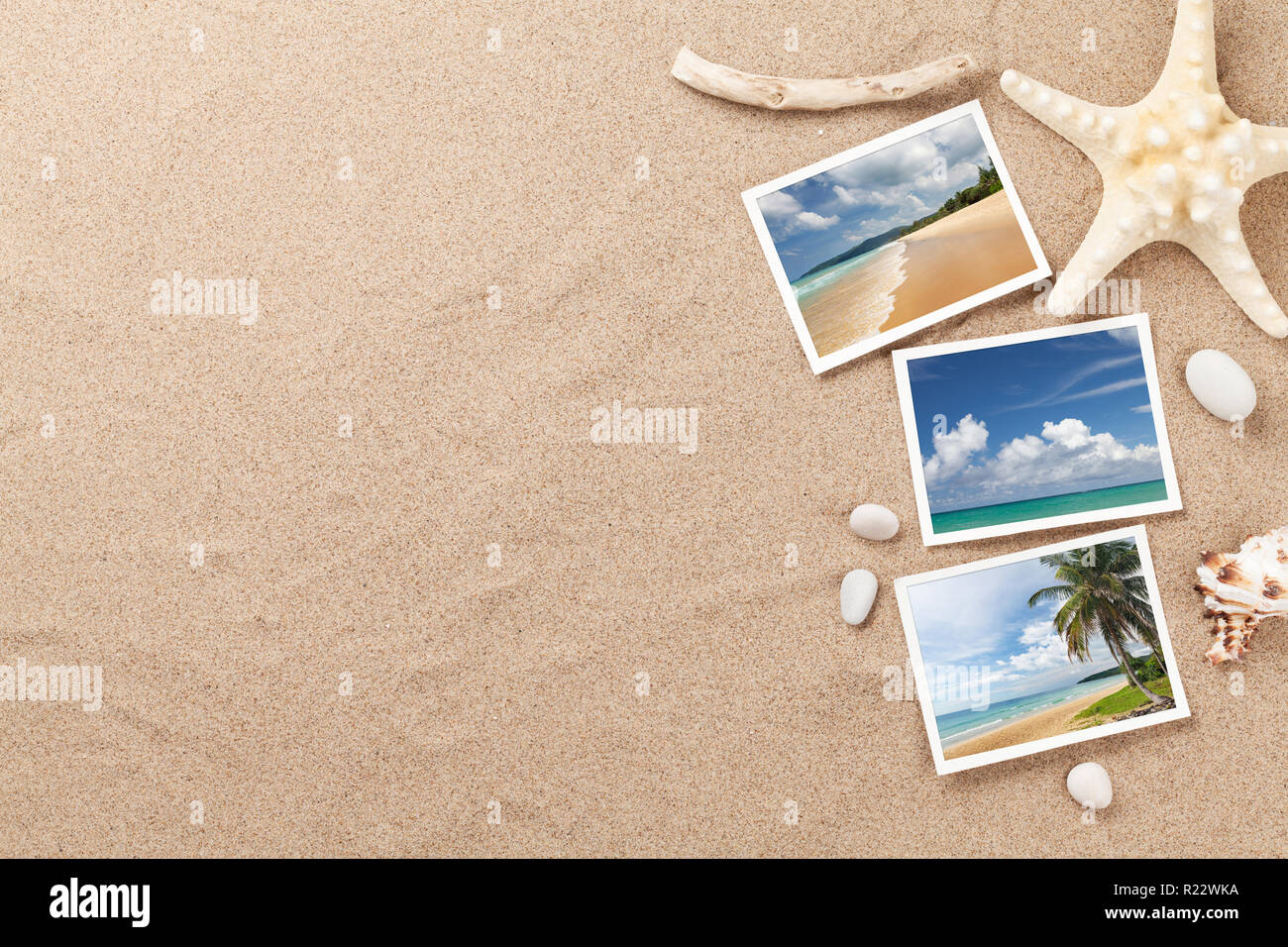 Travel vacation background concept with starfish, seashells and photos on sand backdrop. Top view with copy space. Flat lay. All photos taken by me Stock Photo