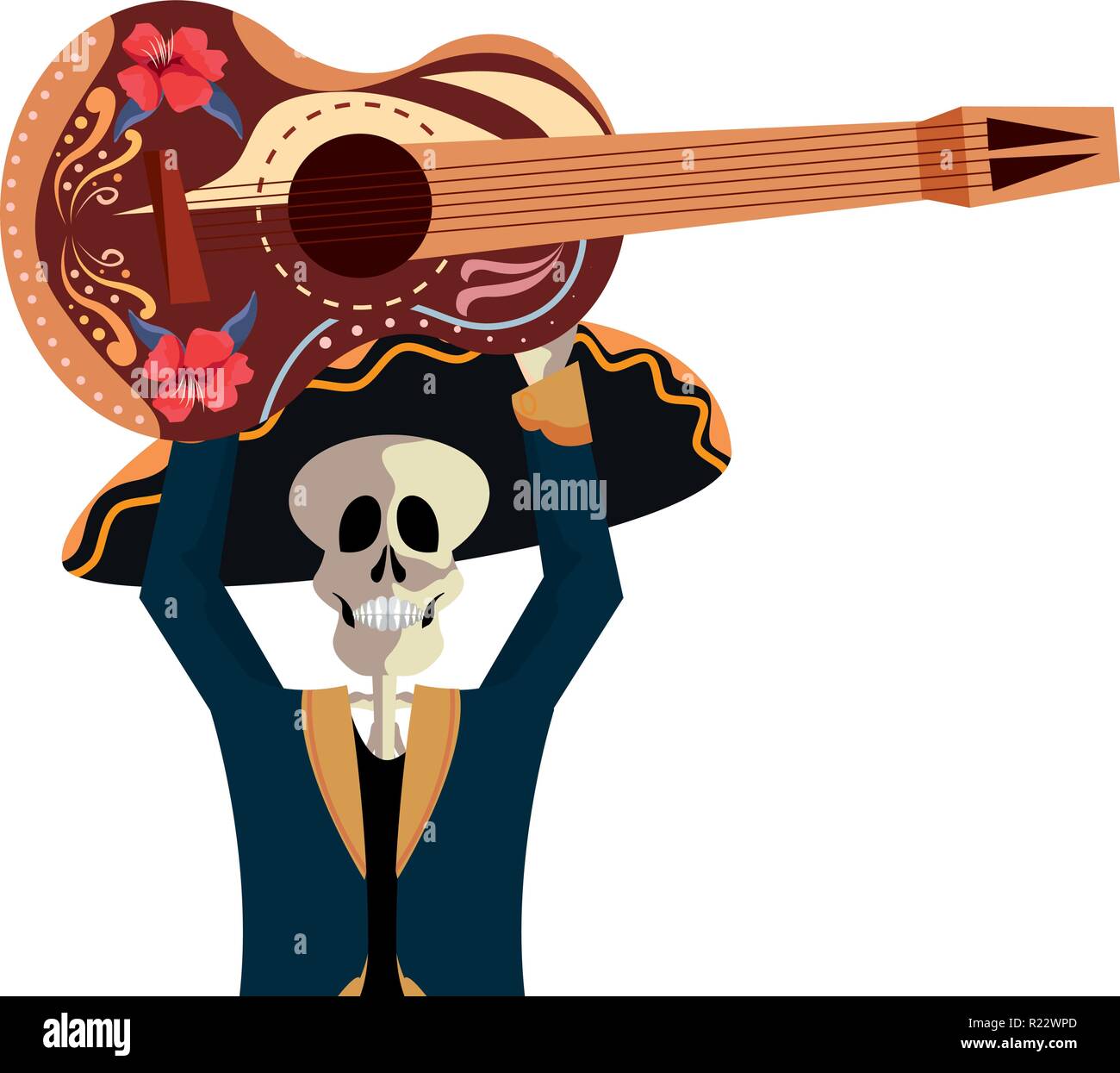 skeleton with guitar traditional clothes day of the dead vector