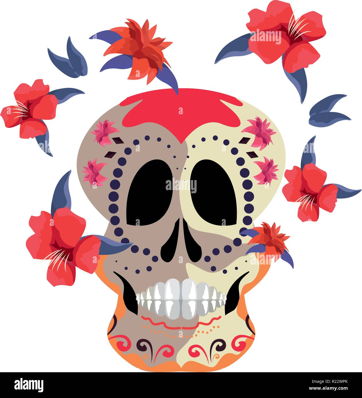 skull and flowers decoration day of the dead vector illustration Stock ...