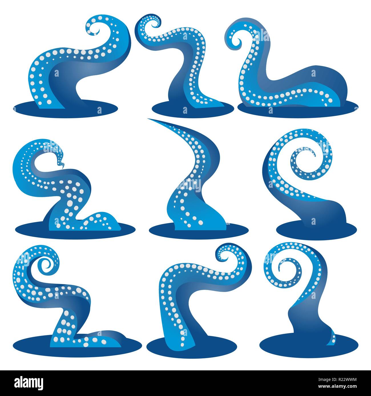 Tentacles blue  of an octopus DIY set, ocean motive flat cute cartoon illustration for web and print, cute decoration. Stock Vector