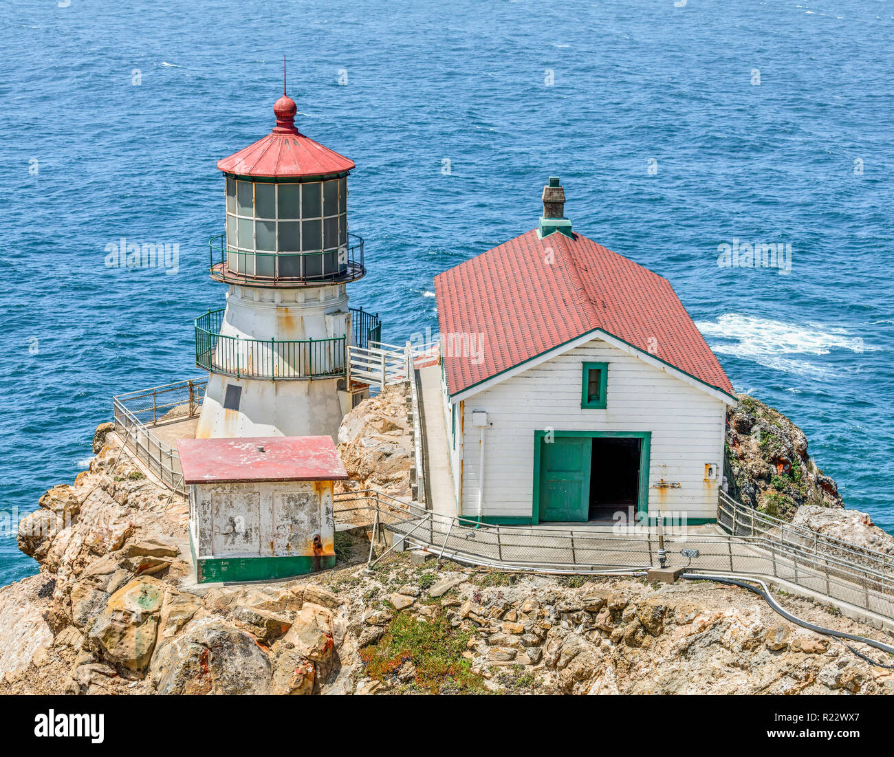 Built in 1870, the point Reyes Lighthouse is on a rocky cliff over the Gulf of Farallones in Point Reyes National Seashore, located in Marin County, C Stock Photo