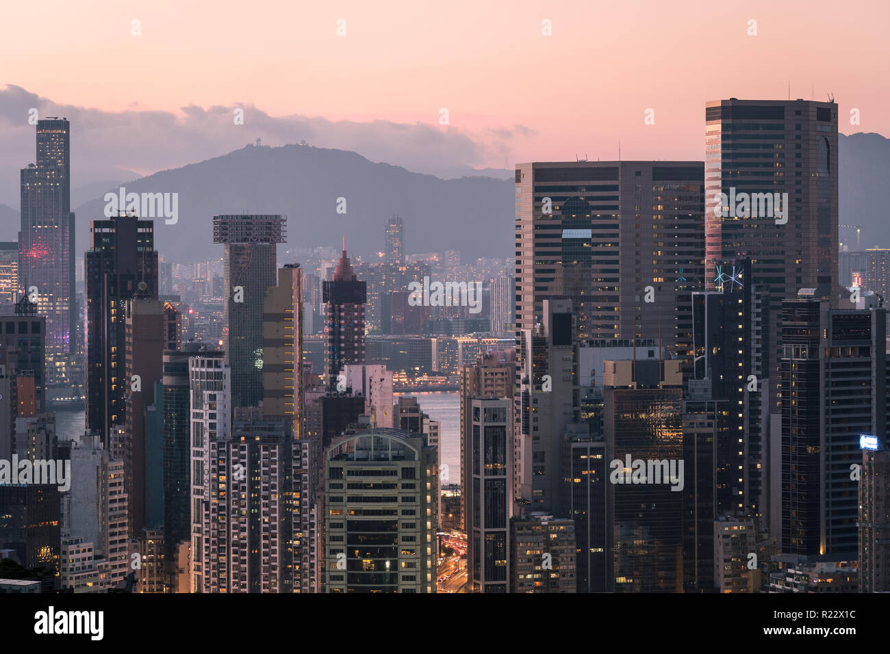 Sunset Hong Kong business district skyline around Wanchai from above Happy valley in Hong Kong island Stock Photo