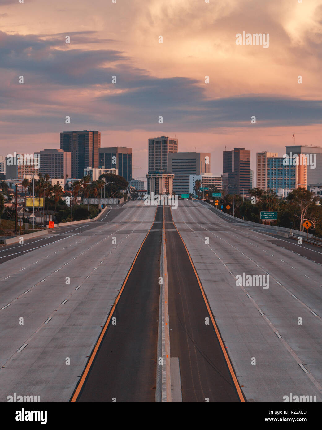 Vertical view of San Diego, California, USA Skyline with empty freeway in foreground. The 5 freeway travels most of the coast of the western united st Stock Photo