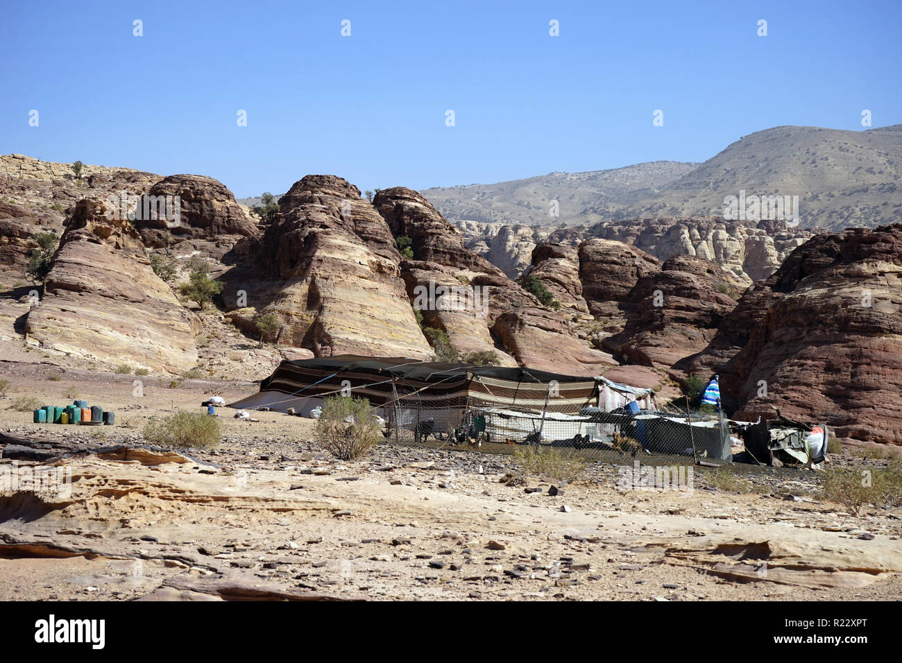 PETRA, JORDAN CIRCA NOVEMBER 2018 Bedouin tent and chikens Stock