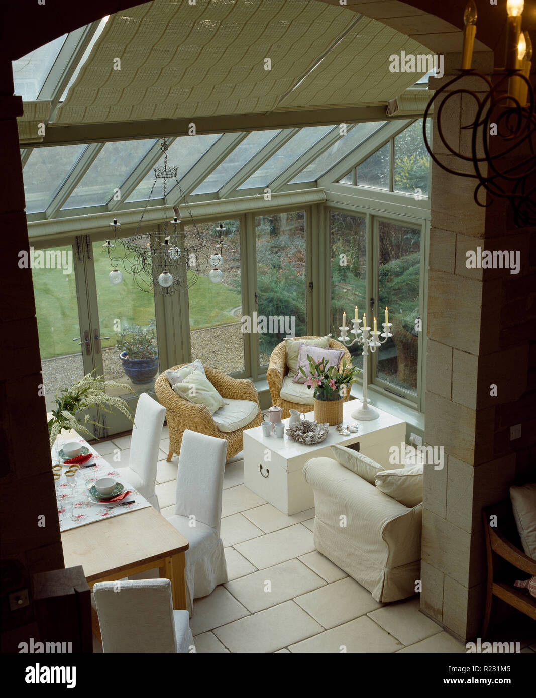 Bird's eye view of conservatory living and dining room Stock Photo