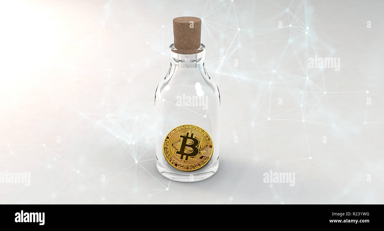 Bitcoin in glass of bottle, block chain lines background, copy space for  text about cryptocurrency Stock Photo - Alamy