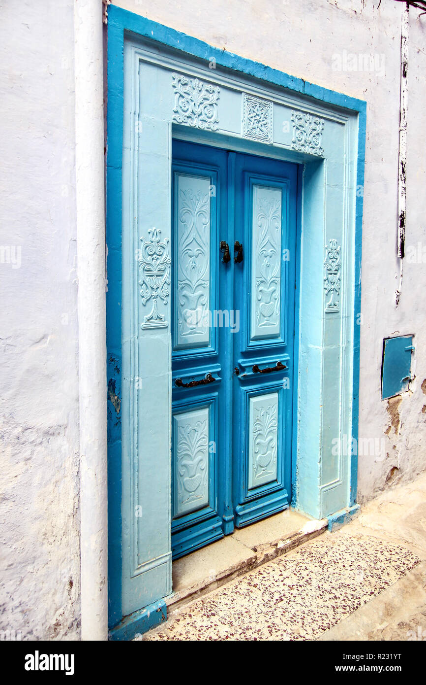 Oriental Design Decorative Blue Door With A Pattern On Wall In Tunisia Vintage Door In Arabic Style With A Metal Ornament Historical In Antique Stock Photo Alamy