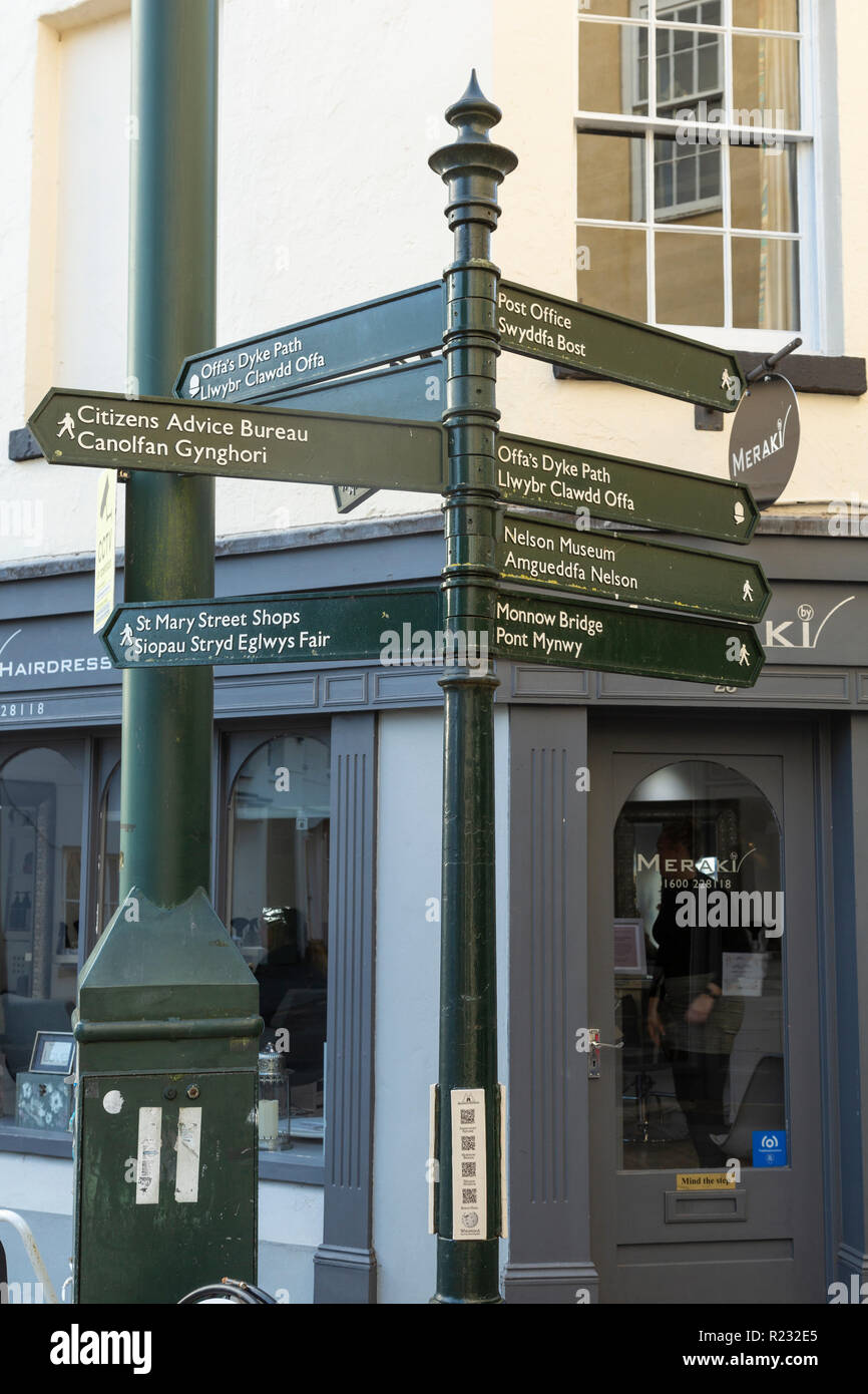 Bilingual finger style signpost in Monmouth, with directions to Offa's Dyke Path and other places of interest. Stock Photo