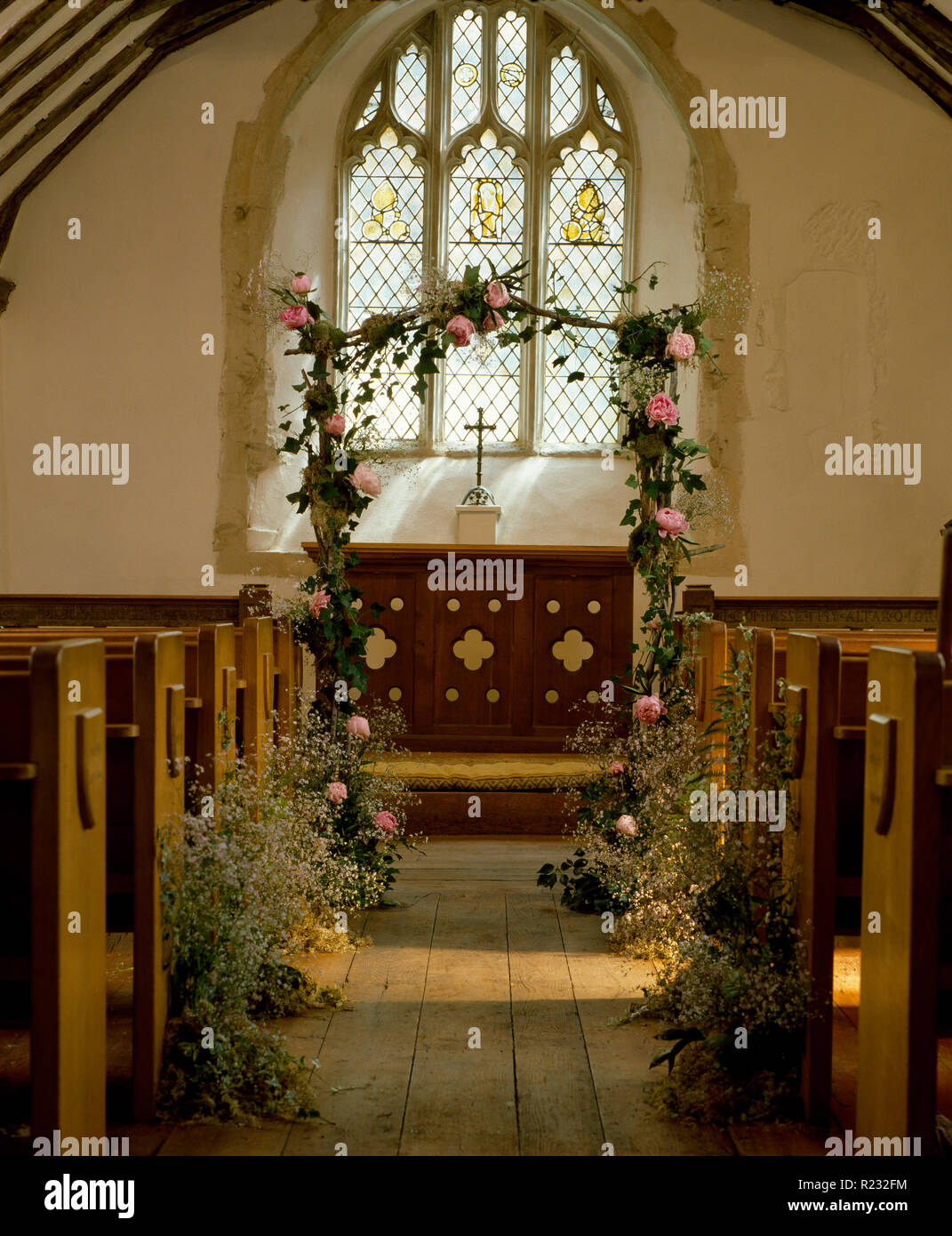 Old Country Church Informally Decorated For A Wedding Stock Photo