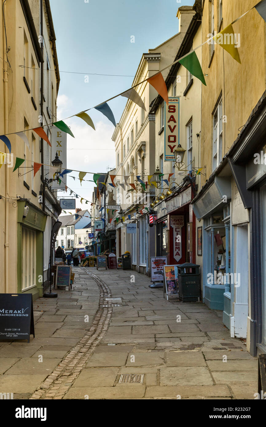Church Street, Monmouth, a busy pedestrianised street with a range of small independent shops. Stock Photo