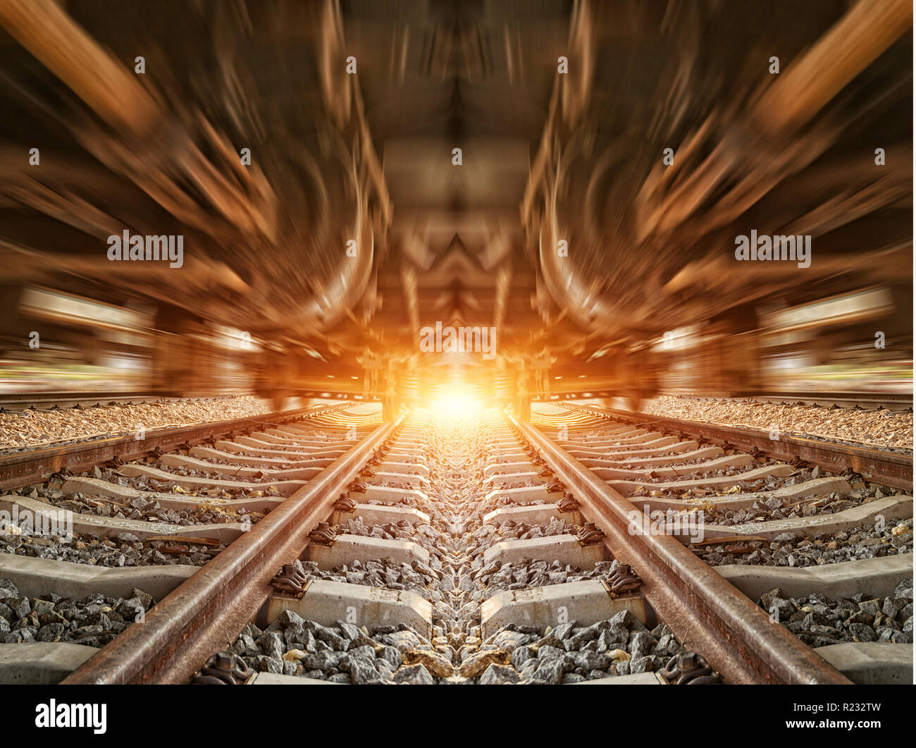 Cargo train platform at sunset with container Stock Photo