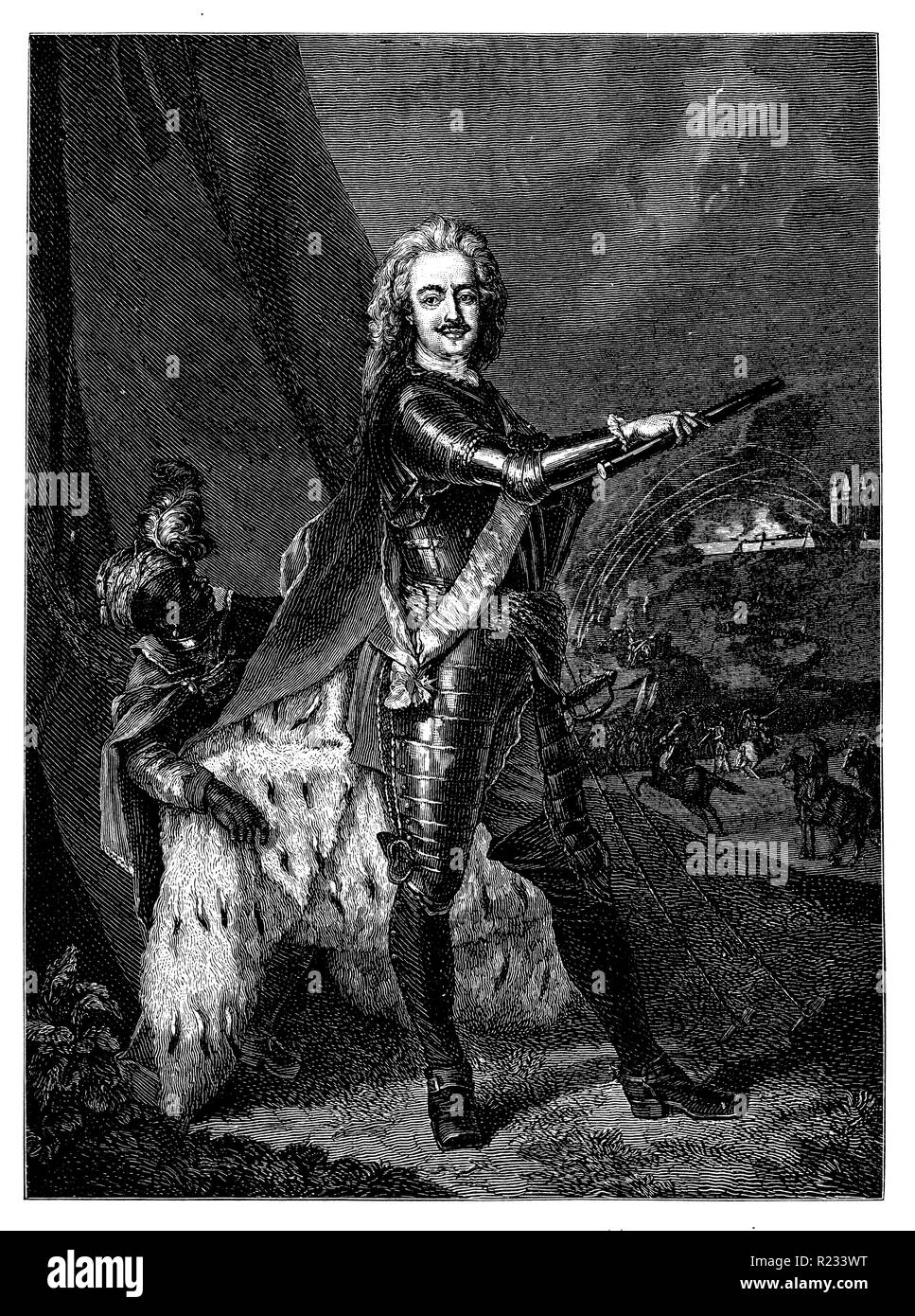 Leopold I, Prince of Anhalt-Dessau <1676-1747> called 'The Old Dessauer', German prince, lord of Anhalt-Dessau, Reichsgeneralfeldmarschall of the Holy Roman Empire, Prussian army reformer and field marshal, in the conquest of the small French fortress Aire, Stormed in 1710 by the Prussians. Youth portrait painted by Antoine Pesne, Antoine Pesne  1899 Stock Photo