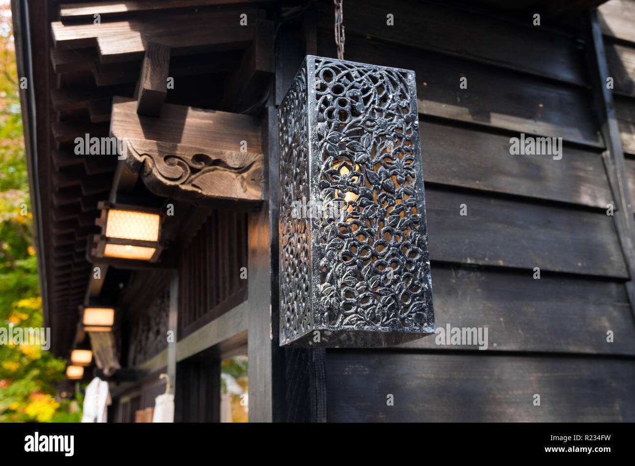 A traditional Japanese hanging lamp on a house along Bukeyashiki street in Kakunodate, Japan. Stock Photo