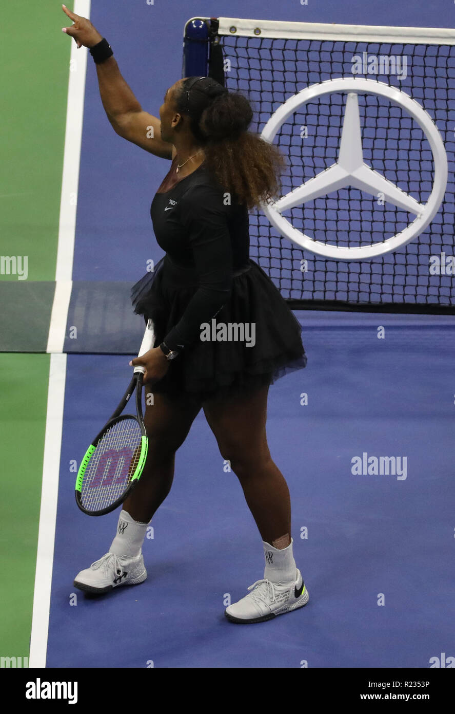 23-time Grand Slam champion Serena Williams argues with chair umpire Carlos Ramos during her 2018 US Open final match at National Tennis Center Stock Photo