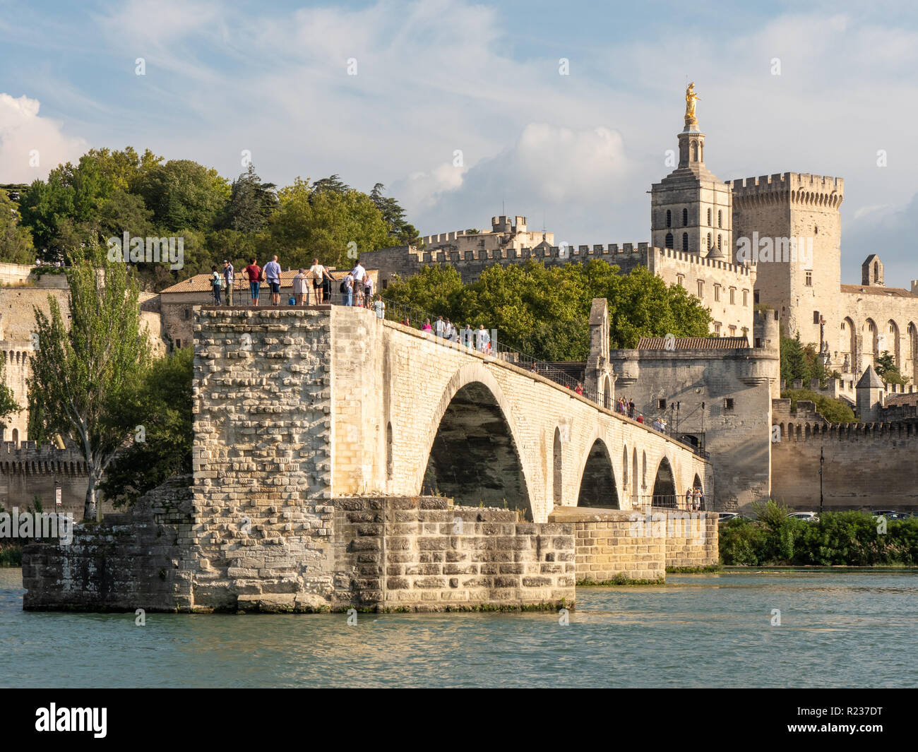 The Avignon bridge and the Papal palace in the city of Avignon, south of France. The bridge and the palace are both built in the medieval time. The ri Stock Photo
