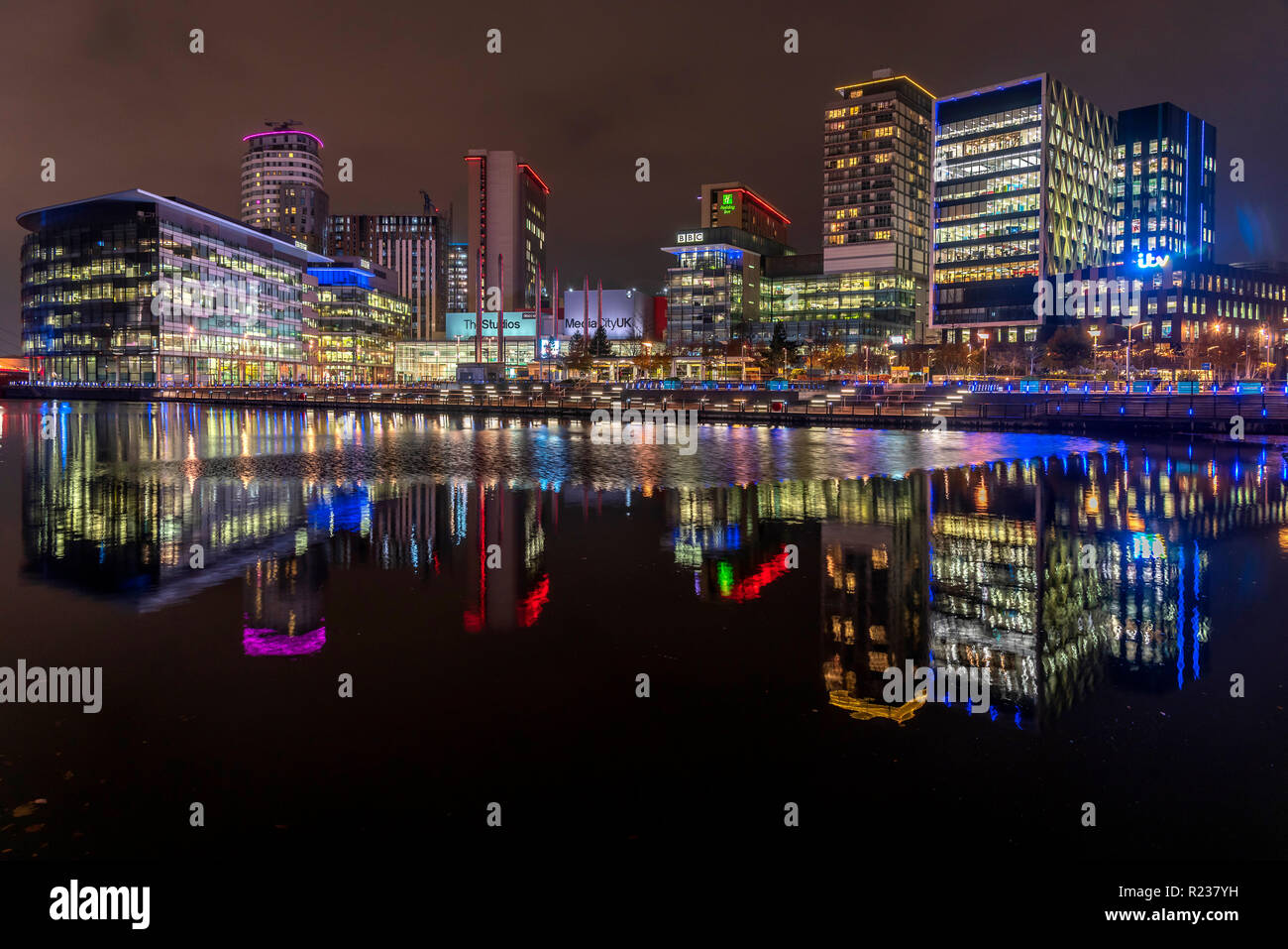 Salford Quays Media city at night. Stock Photo