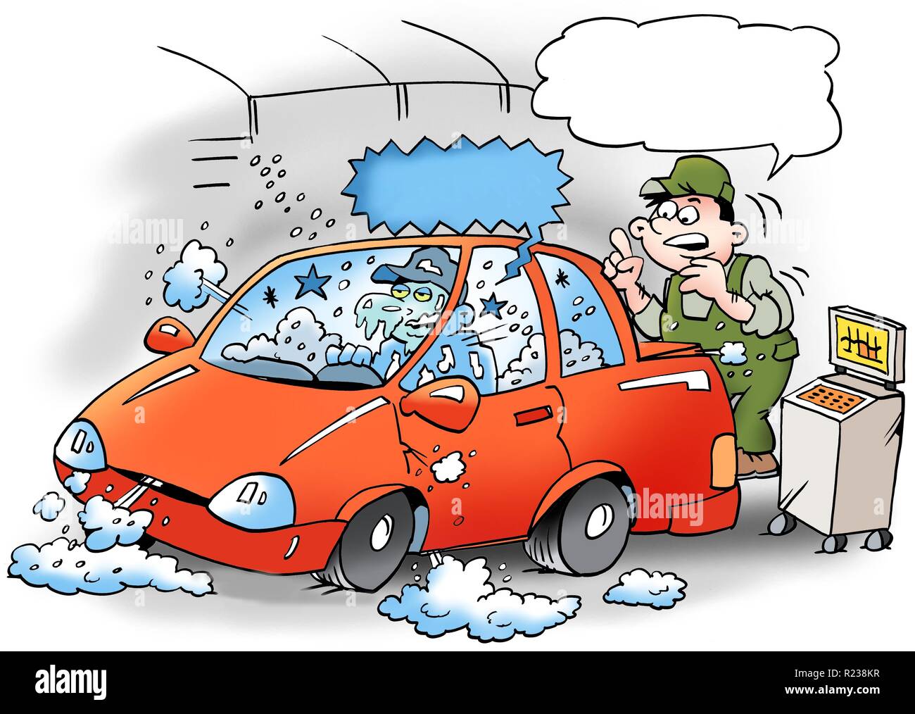 Cartoon illustration of a mechanics that tests the air conditioner in