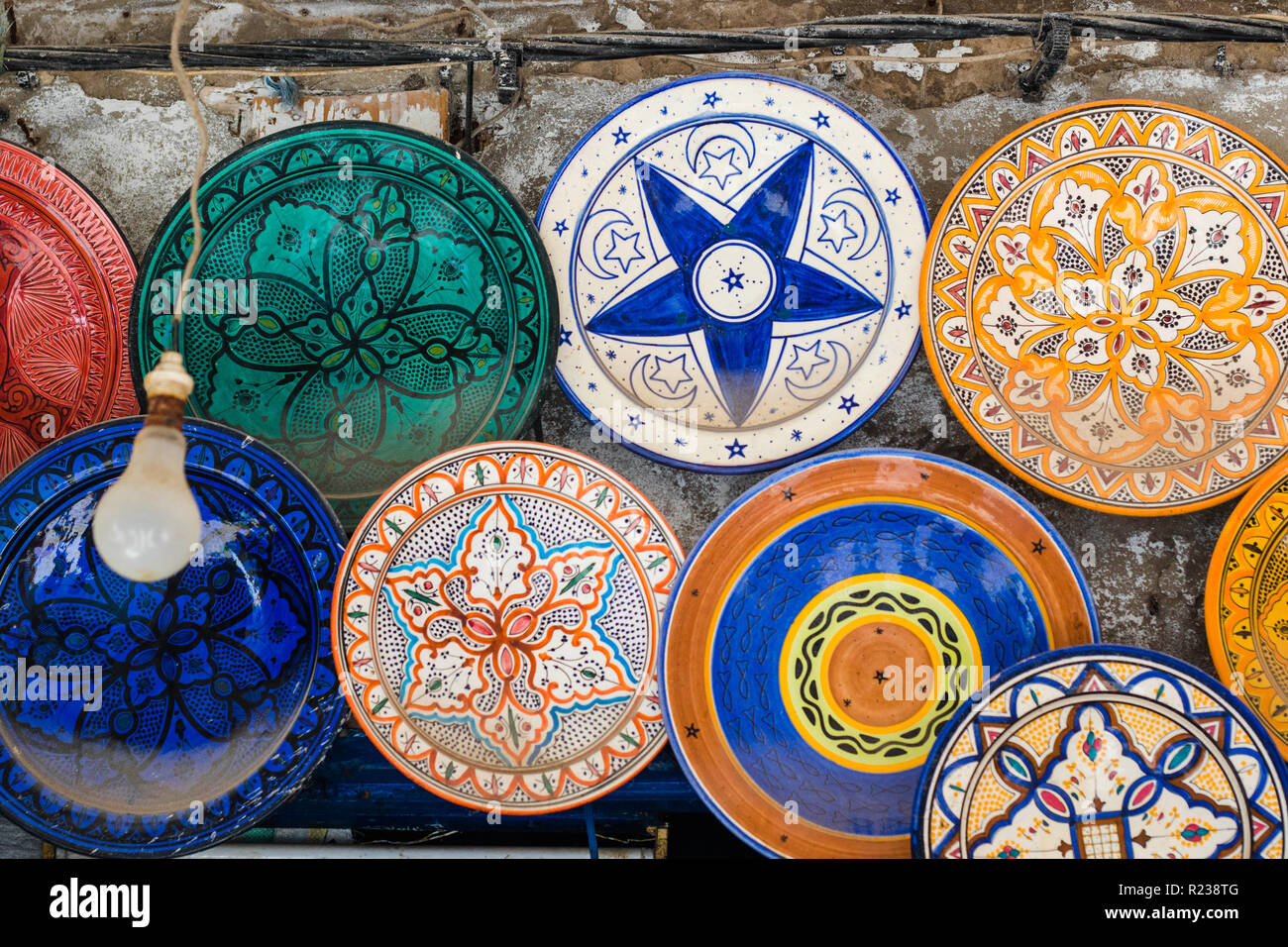 Pottery plates on display. Morocco, North Africa, Africa Stock Photo