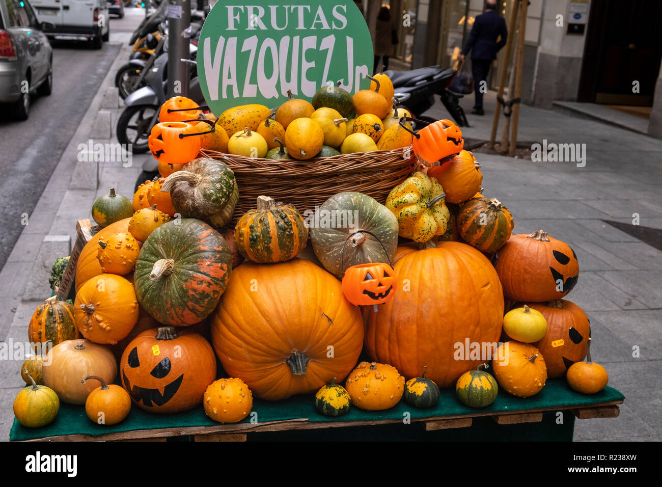 Halloween display of pumpkins and squash outside a fruit and veg shop ...