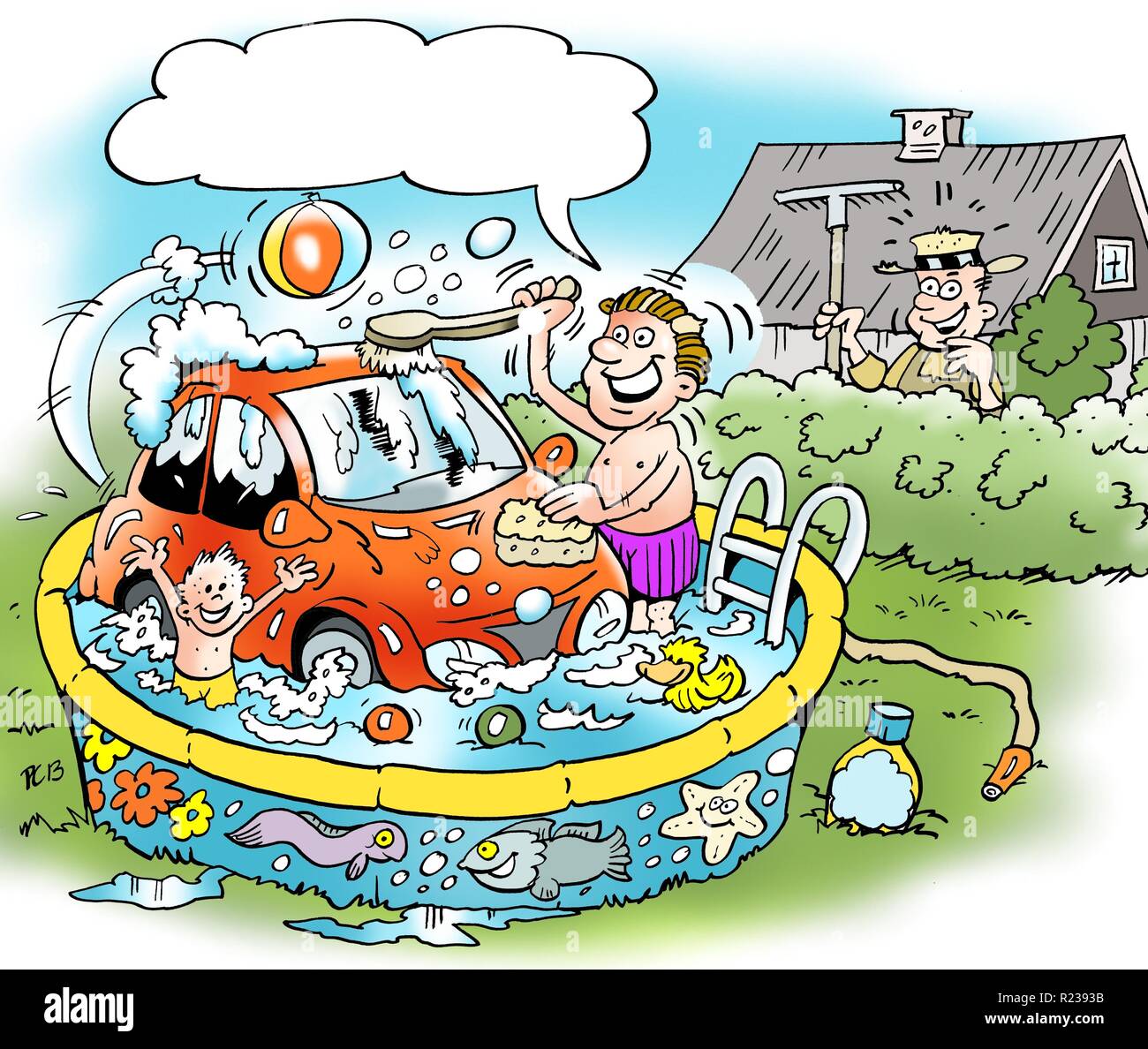 Cartoon illustration of a family man who washes his little car in the familys bathing pool Stock Photo