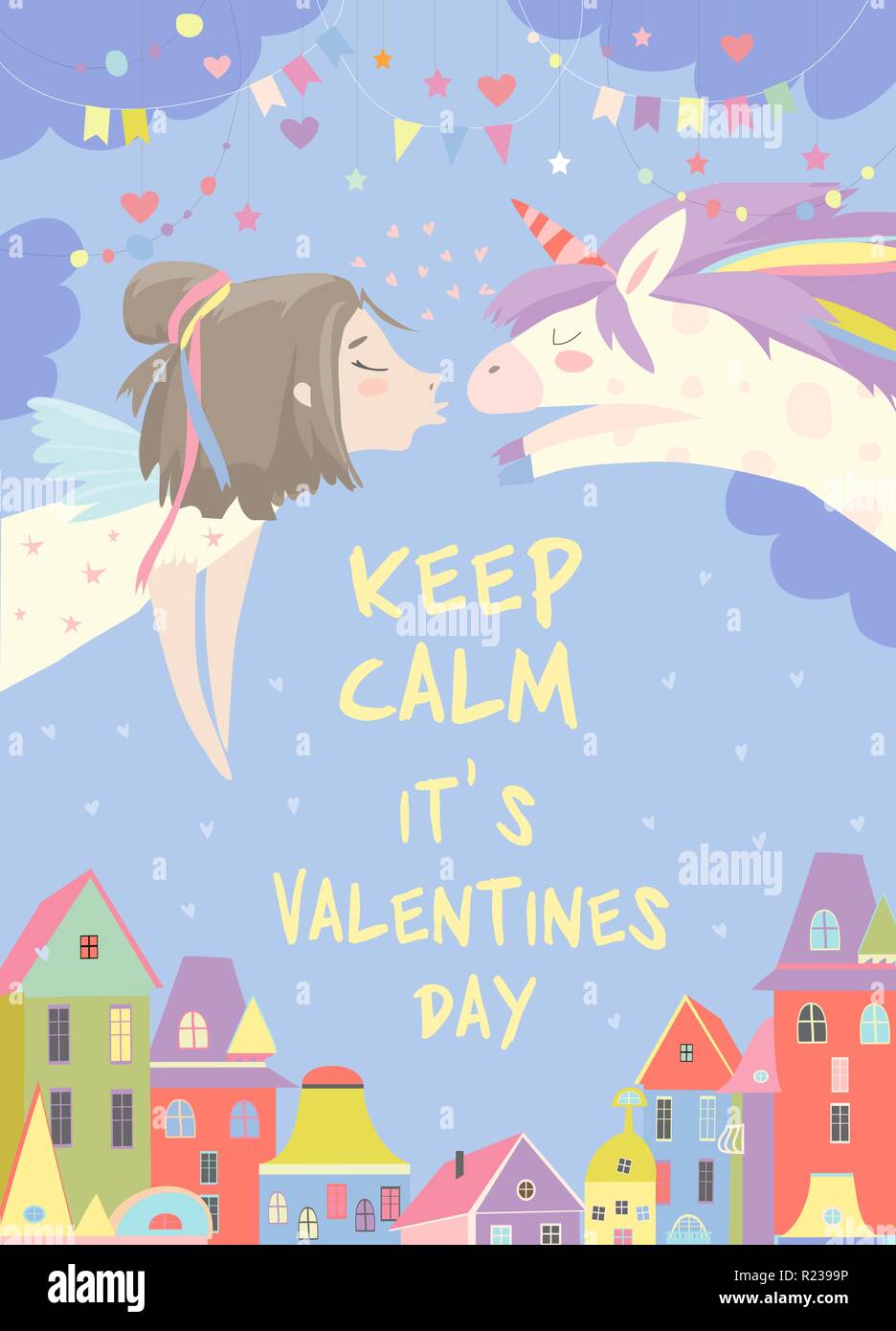 Little girl kissing magic unicorn. Love concept Stock Vector Image