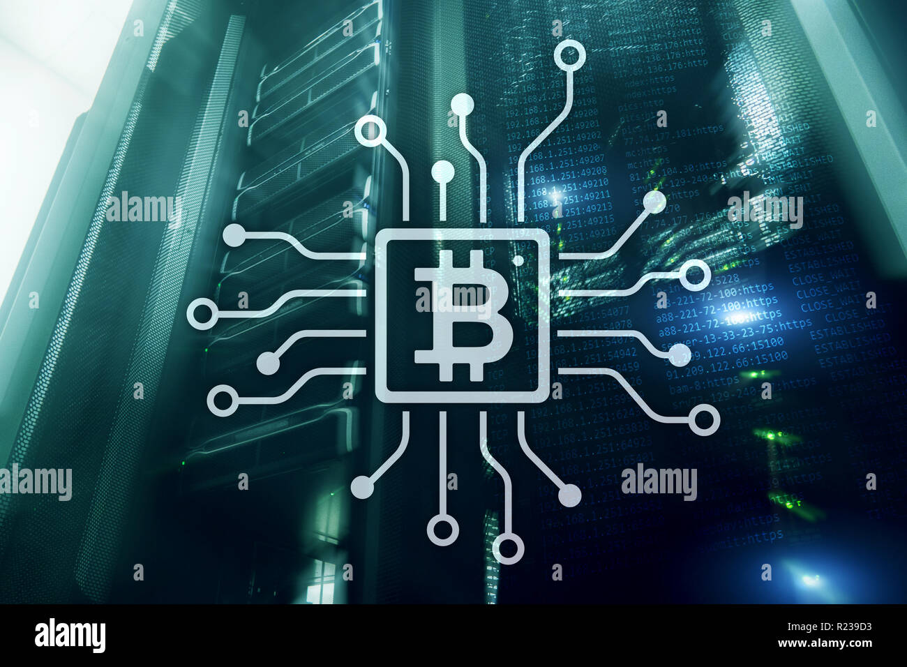 Bitcoin, Blockchain concept on server room background Stock Photo - Alamy