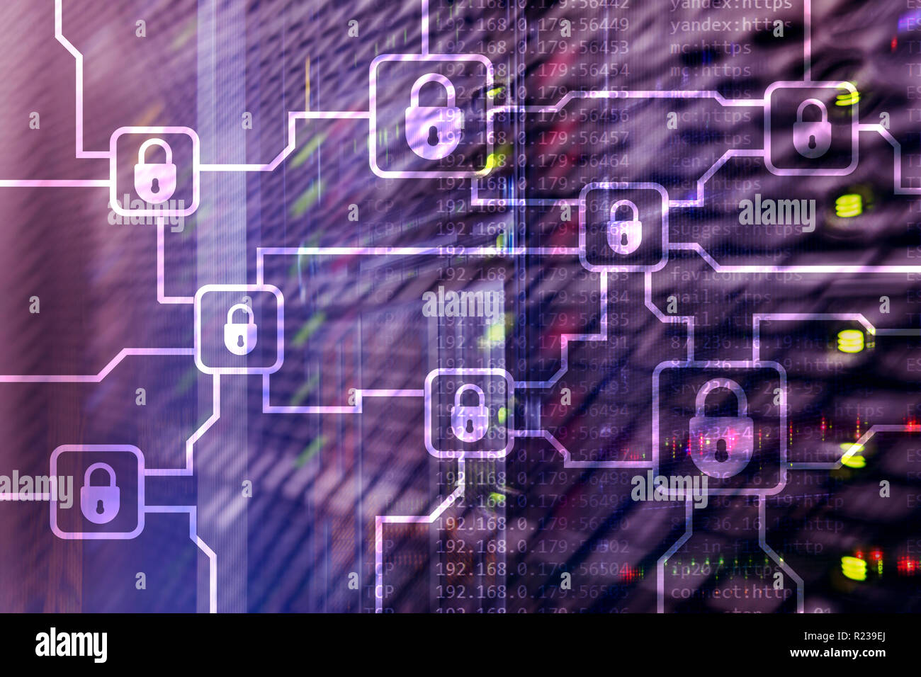 Blochain information encryption. Cyber security, crypto currency. Stock Photo