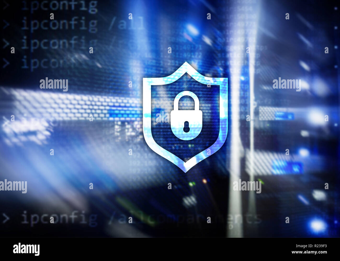 Cyber protection shield icon on server room background. Information ...