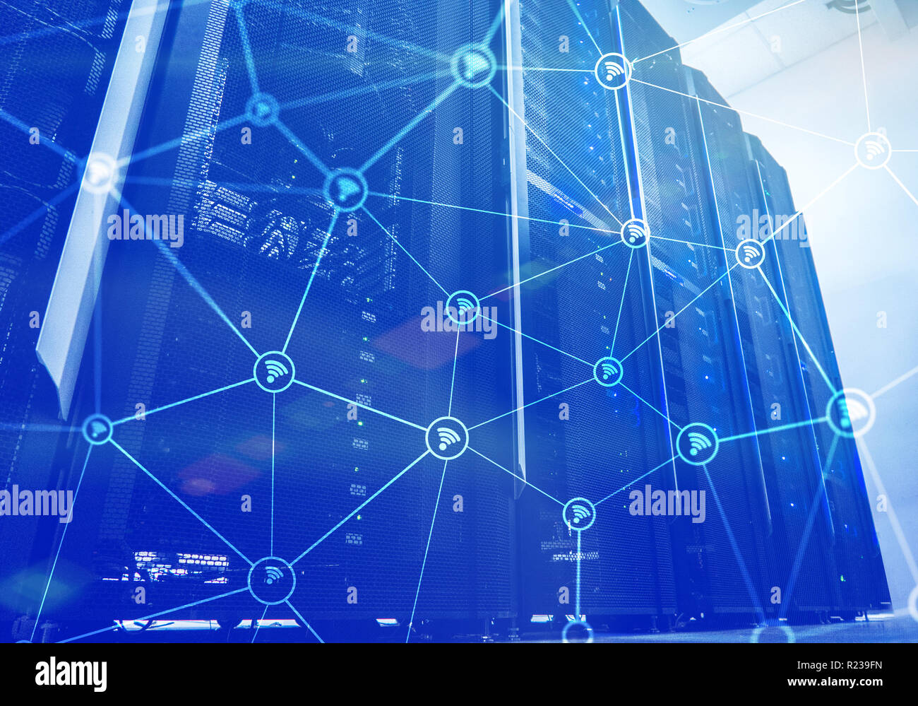 Wi fi network abstract structure on modern server room background Stock ...