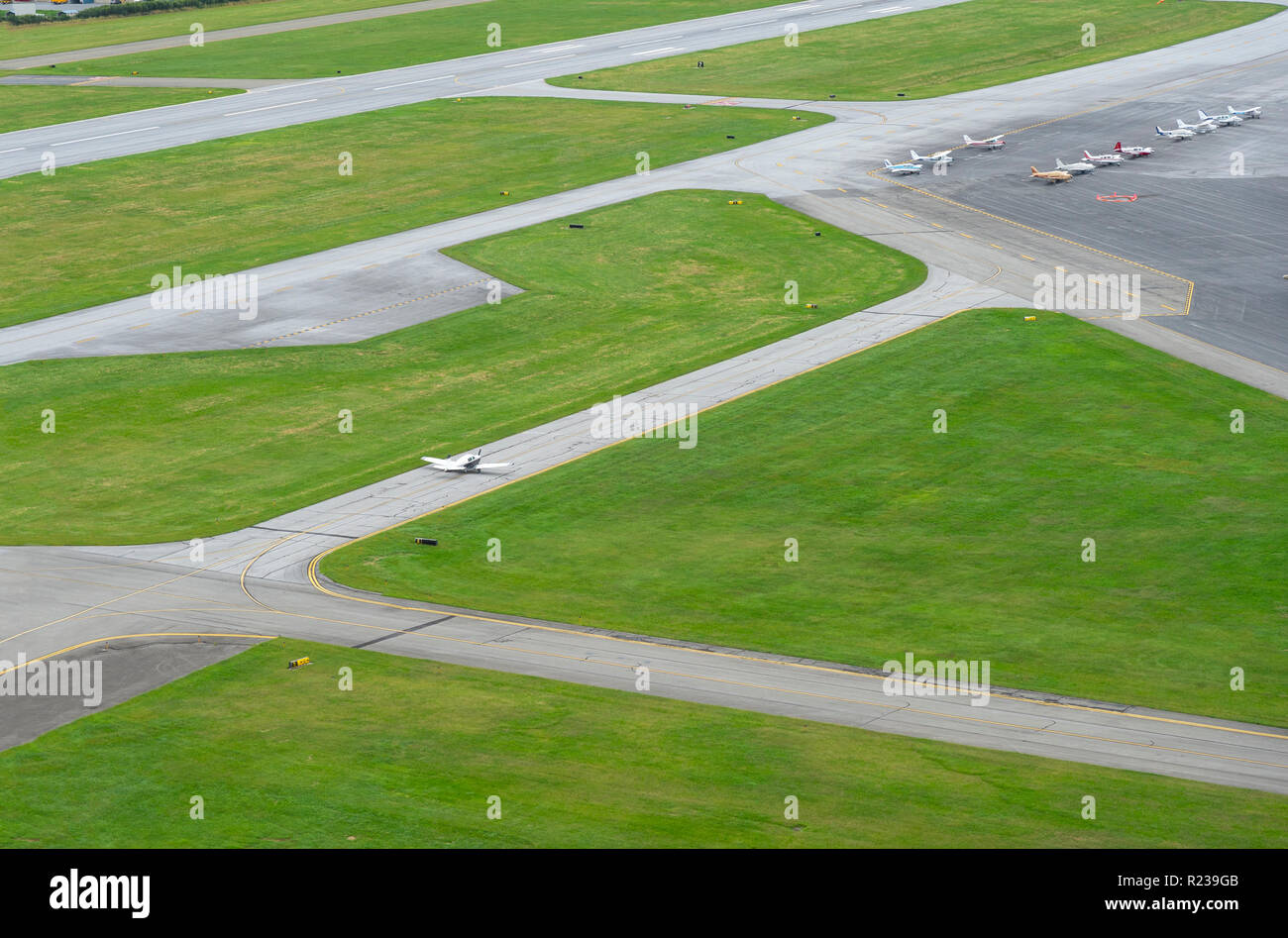 Small Airplane On Runway At Local Airport, Reading Pennsylvania, USA Stock Photo