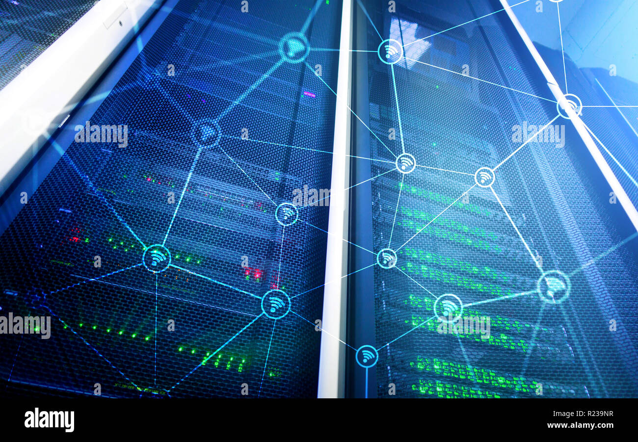 Wi fi network abstract structure on modern server room background Stock ...