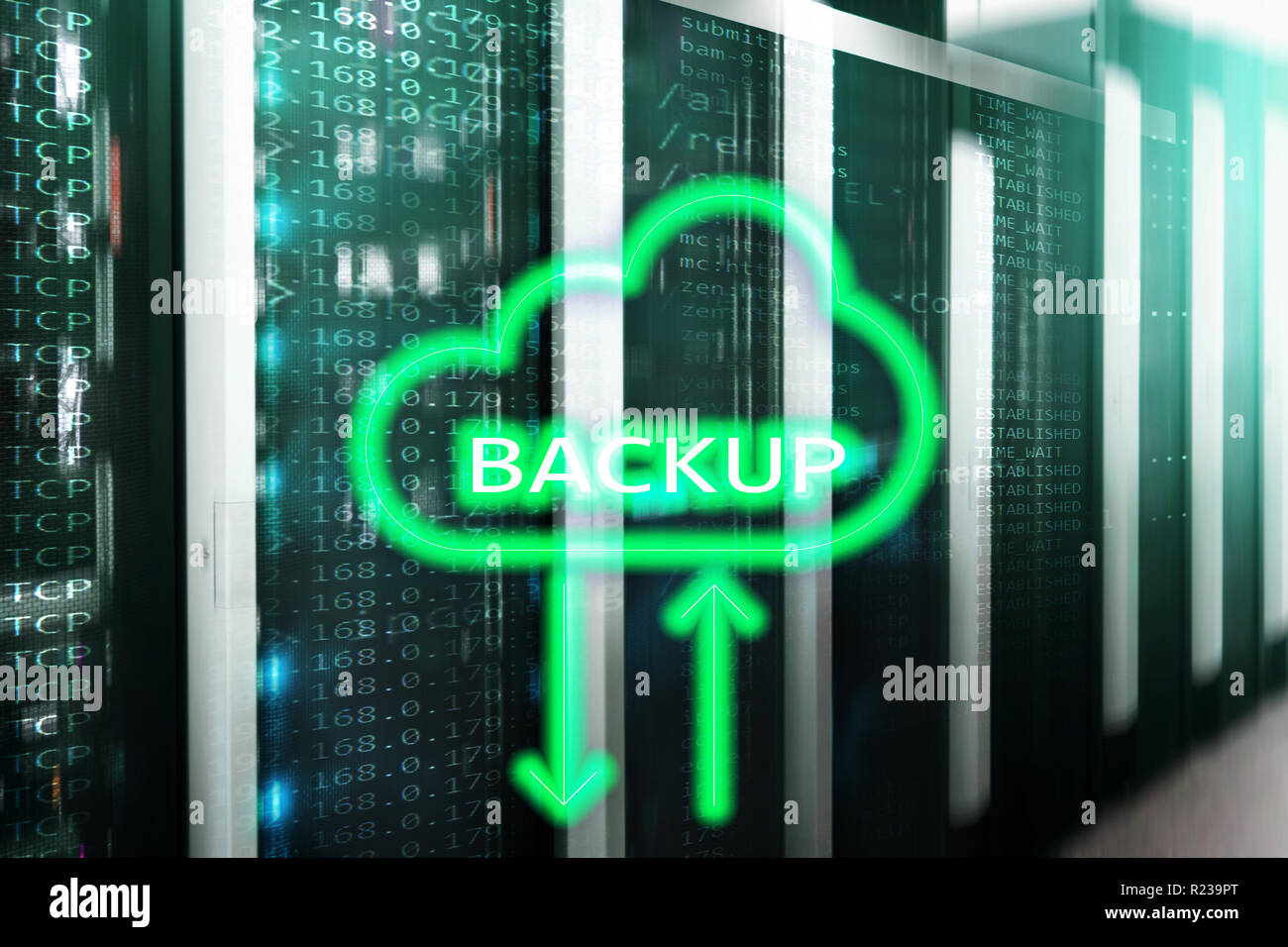 Backup button on modern server room background. Data loss prevention ...