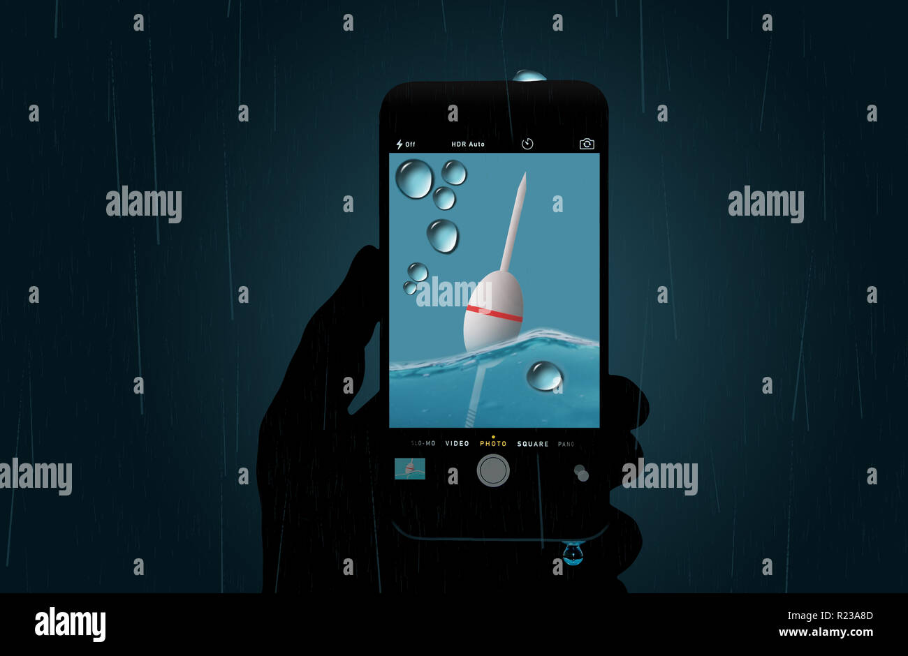 Wet cell phones are the subject of this illustration showing water drops on a phone with water displayed on the screen. Waterproof cell phones are now Stock Photo
