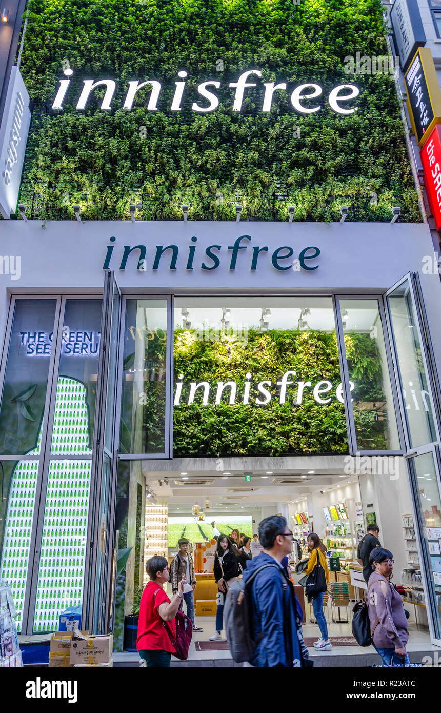 The Iniisfree store, a retailer selling skin care and beauty products in Myeongdon in Seoul, South Korea. Stock Photo
