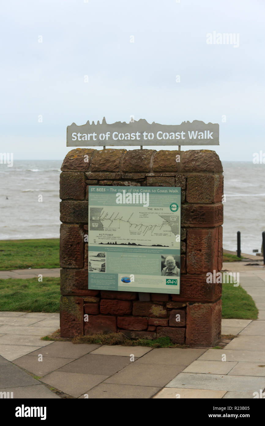 The start of the Alfred Wainwright coast to coast walk on Seacote beach, St Bees, Cumbria, England,UK. Stock Photo