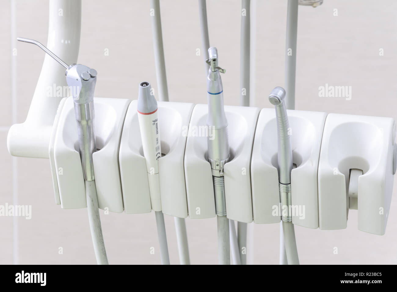 Closeup of dental drills in dentists office. Medical equipment and stomatology concept. Dental office. Stock Photo