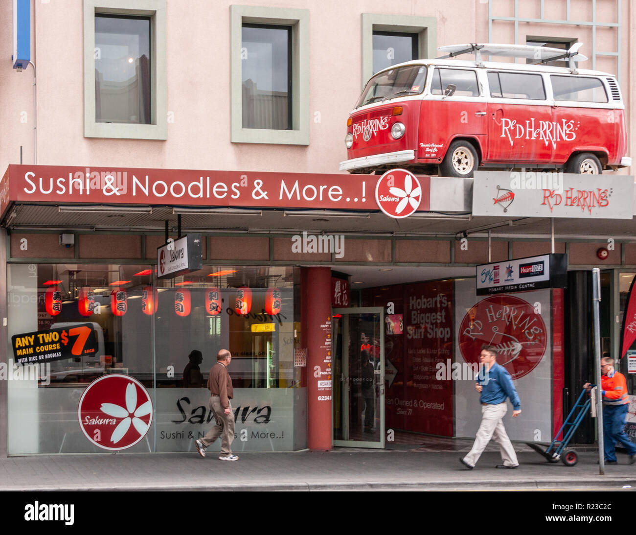 Hobart, Tasmania, Australia - December 14, 2009: Red Herring VW van on  display above two stores in Liverpool Shopping Street, one being a Sushi  resta Stock Photo - Alamy