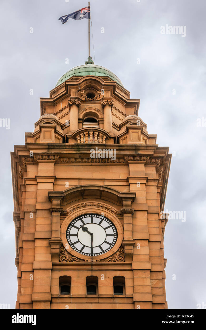 Hobart, Tasmania, Australia - December 14, 2009: Historic brown stone Clock  Tower on corner of Macquarie and Elizabeth streets against gray sky. Gree  Stock Photo - Alamy