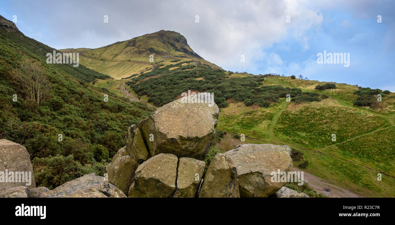 The miniature mountain of Arthur's Seat rises from Holyrood Park in Edinburgh, Scotland. Stock Photo