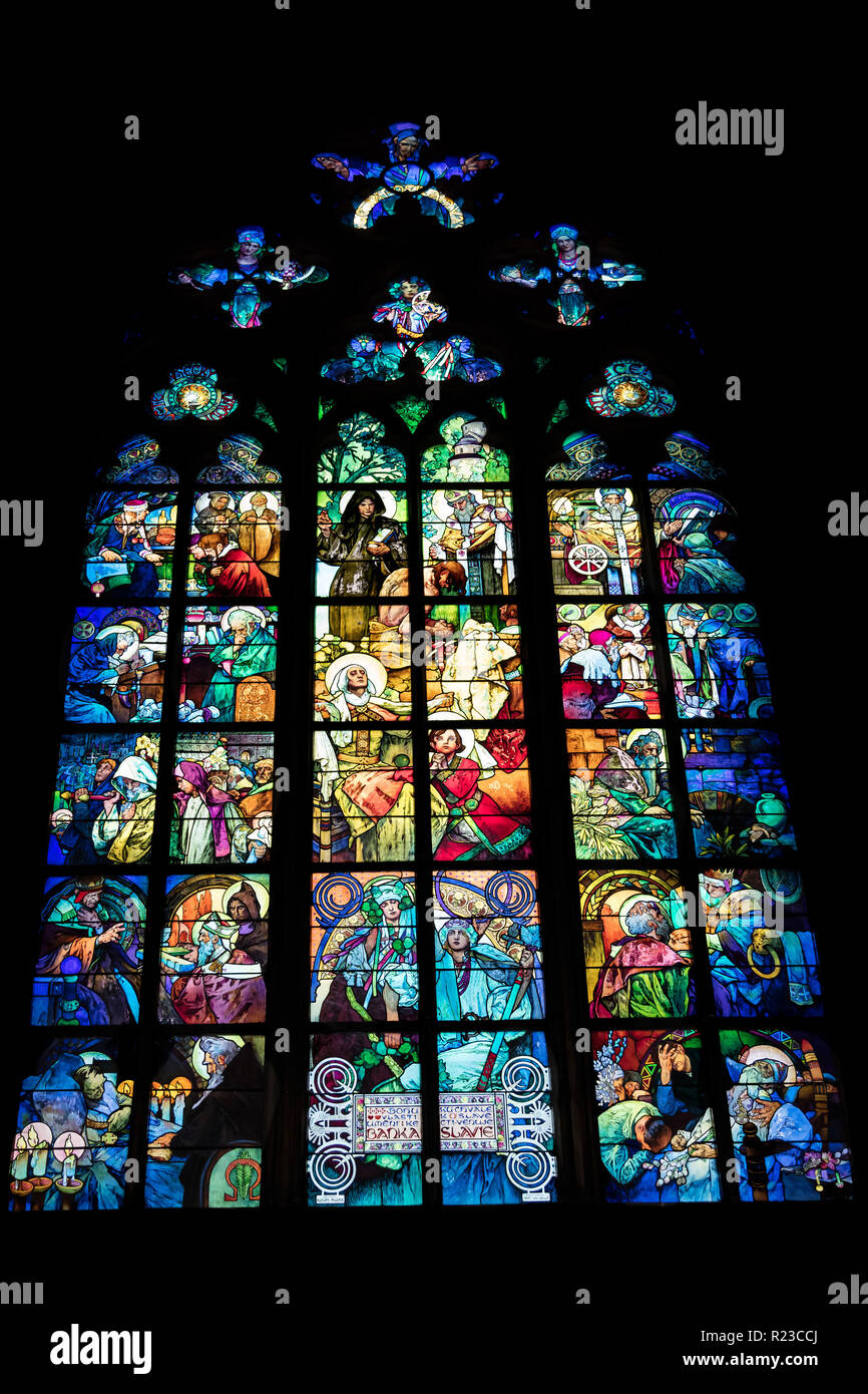 Stained glass windows of St. Vitus Cathedral Prague Old Town (Stare