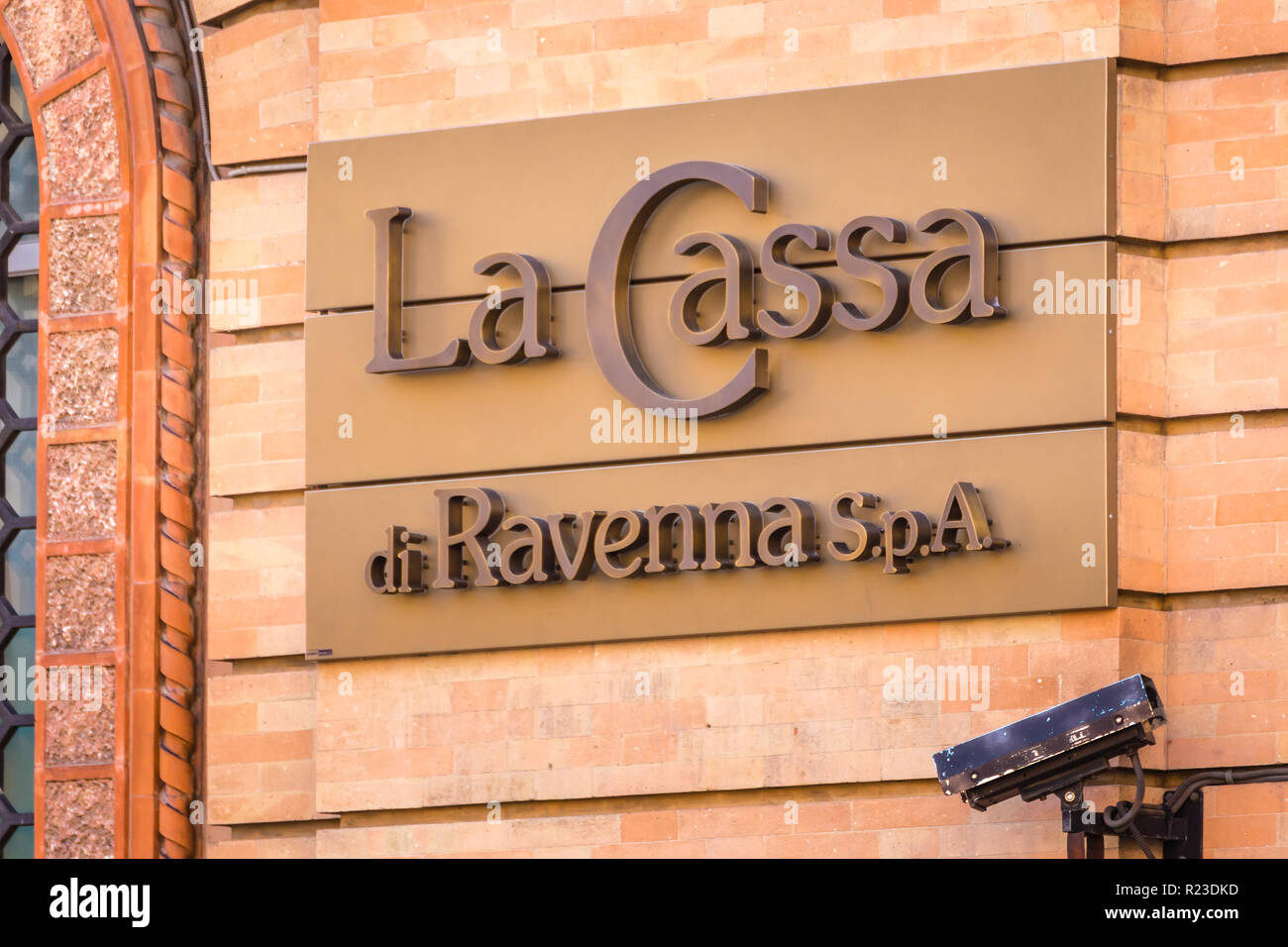 RAVENNA, ITALY - SEPTEMBER 12, 2018: light is enlightening  LA CASSA DI RAVENNA SPA logo on headquarters Stock Photo