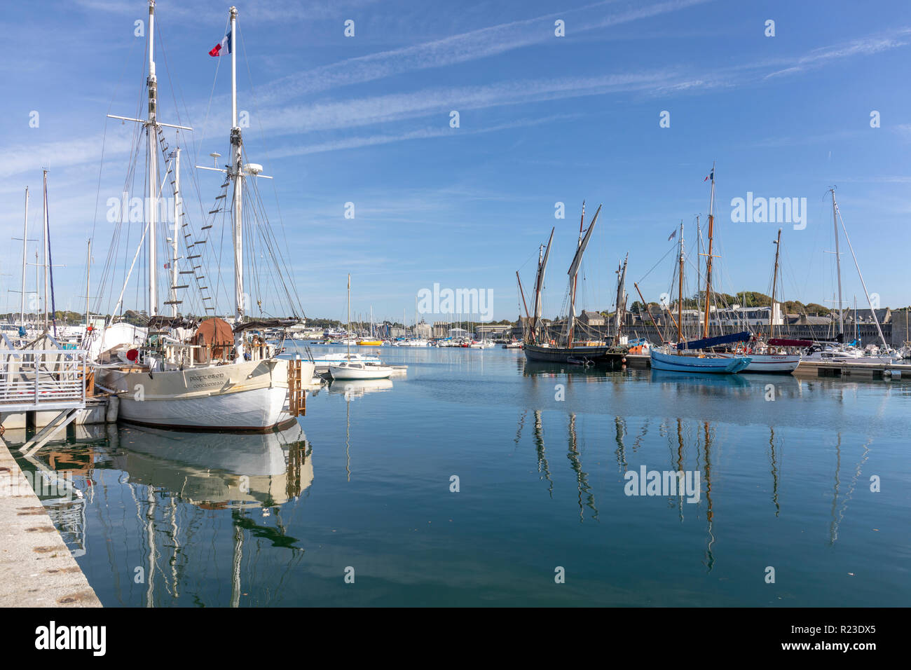 Classic Boats moored in Concarneau inner harbour Stock Photo