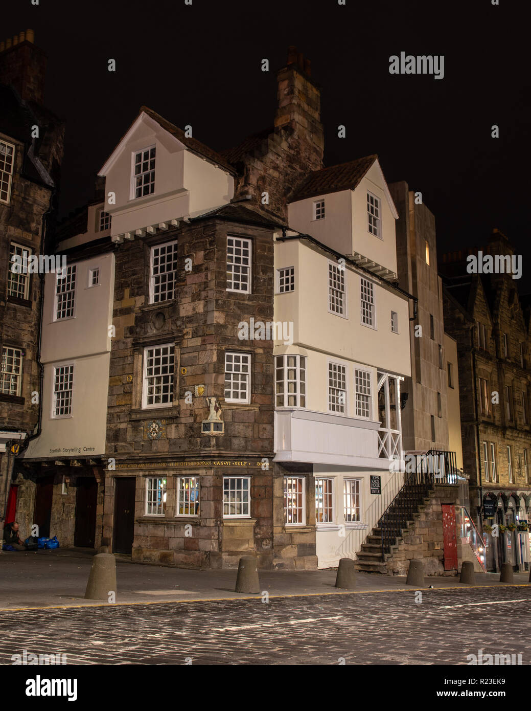 Edinburgh, Scotland, UK - November 2, 2018: The old stone house of 16th Century religious reformer John Knox is lit at night on Edinburgh's Royal Mile Stock Photo